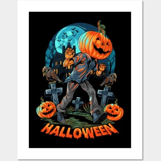 Pumpkin headed human and halloween haunt Posters and Art